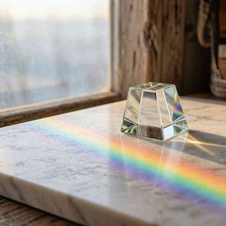 Transparent glass cube with a rainbow in the background on the windowsill