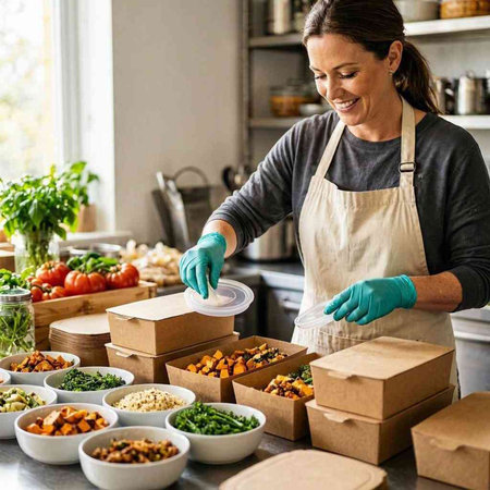 Woman preparing healthy food in the kitchen at home. Food delivery.