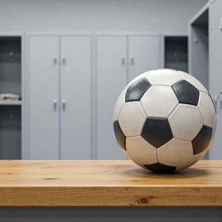 Soccer ball on a wooden shelf in the locker room of a school