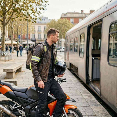 Handsome young man in a motorcycle jacket and helmet stands on the background of a train station