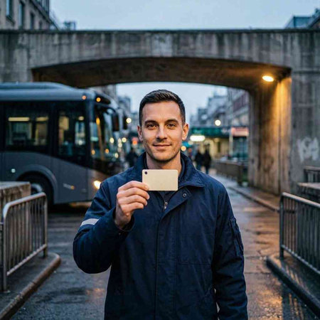 Handsome man holding a business card and looking at camera in the city