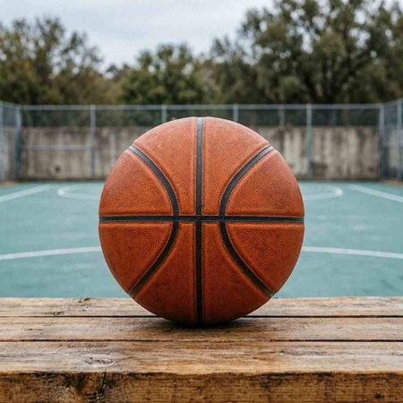 Basketball ball on a wooden table in front of a basketball court