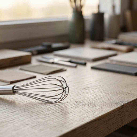 Close-up of a metal whisk on a wooden table in the kitchen