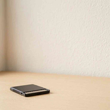 Black SD memory card on wooden table and white wall background, copy space