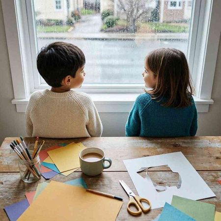 Cute children drawing and painting at home. Boy and girl sitting by the window and looking at each other