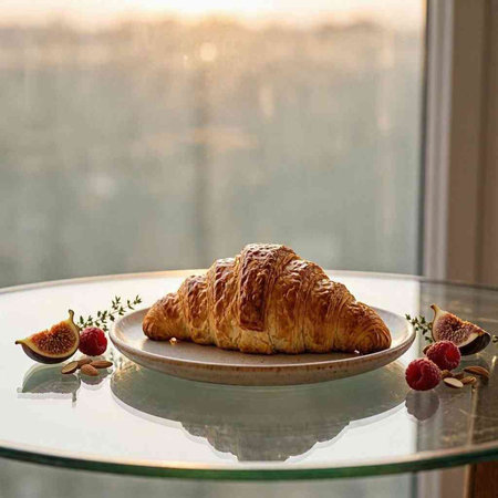 Croissant with figs and raspberries on a glass table