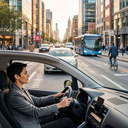 Young businessman driving a car in the street of New York City.
