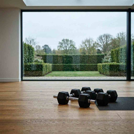 Dumbbells in a modern gym with a view of the garden