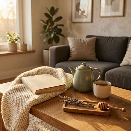 Cozy home interior. Cozy living room with a book, a cup of coffee, a wooden honey dipper, a plaid and a cup of tea. The concept of home comfort.