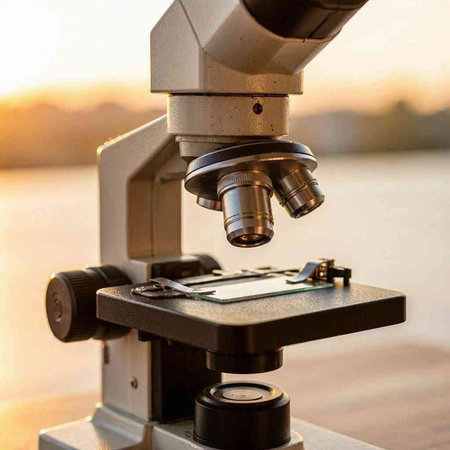 Microscope in the laboratory. Microscope on the background of the sunset.