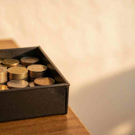 Coins in a black box on a wooden table with a light background