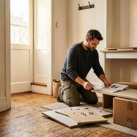 Man assembling furniture at home. DIY and home renovation concept. Young caucasian man working at home.