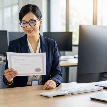 Businesswoman in the office holding a document with a smile on her face