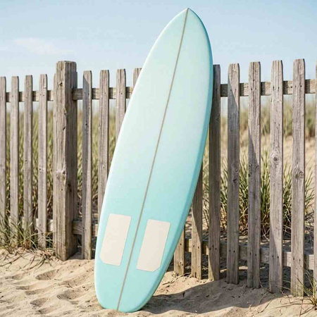Surfboard on the beach with wooden fence. 3d rendering