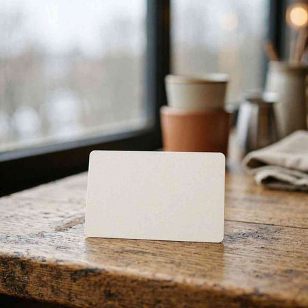 Blank business card on a wooden table in a cafe or restaurant