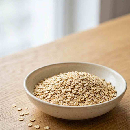 Oat flakes in a bowl on a wooden table with copy space