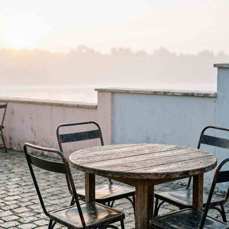 Empty table and chairs on the terrace of a restaurant on a foggy morning