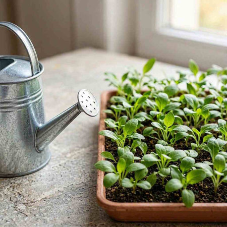 Watering can and seedlings in a pot on the windowsill