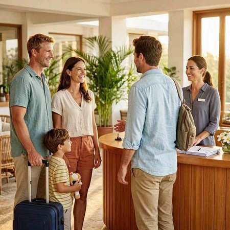 Family at hotel reception waiting for a check-in with their luggage