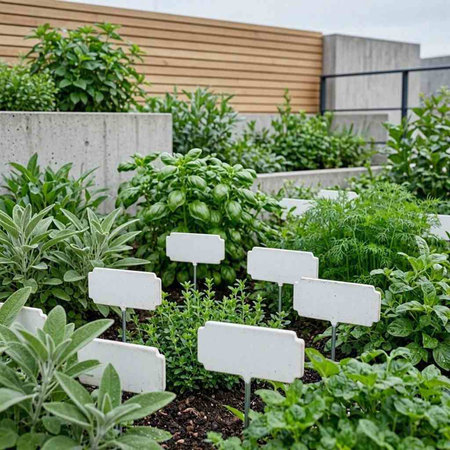 Small garden with lots of green plants and white signboards in rows