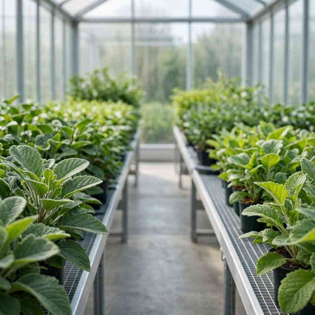 A vertical shot of a row of green mint plants in a greenhouse