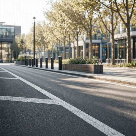 Empty asphalt road in the city with trees in the background. Copy space.