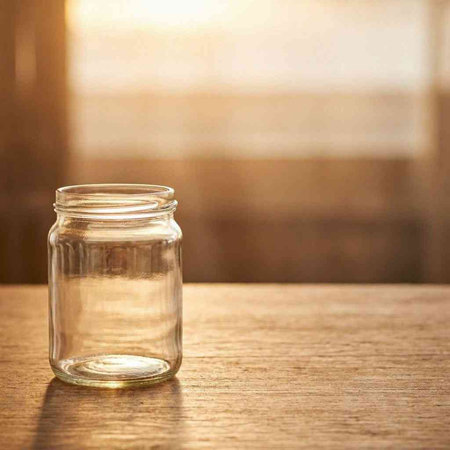 Empty glass jar on wooden table with bokeh light background.