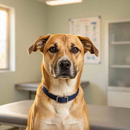 Portrait of a brown dog in a veterinary clinic. The dog is looking at the camera.