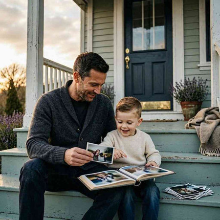 Father and son sitting on porch of house and looking at photo album