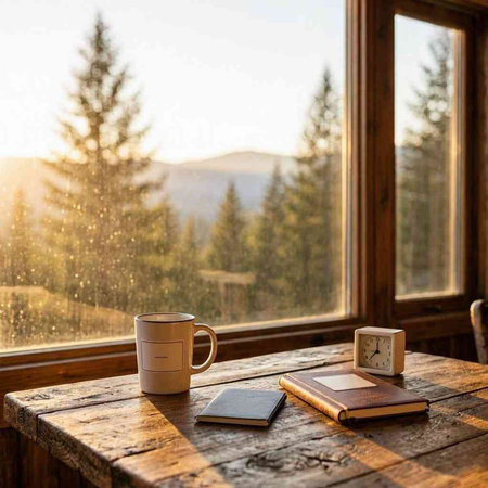 Cup of coffee and book on the windowsill in the mountains