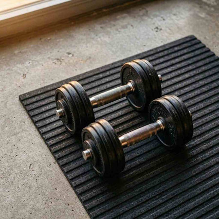 Two dumbbells on a black mat in front of the window