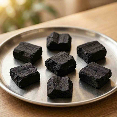 Black charcoal in a plate on a wooden table. Selective focus.