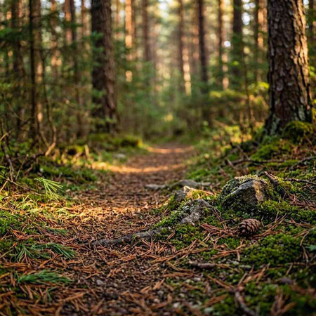 Landscape of a coniferous forest at sunset. Pine, spruce, pine trees close-up