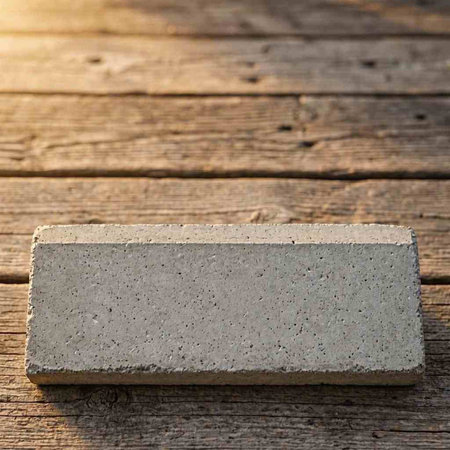 Concrete block on the old wooden walkway in the park.