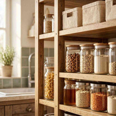 Wooden shelves with different kinds of cereals in the kitchen.