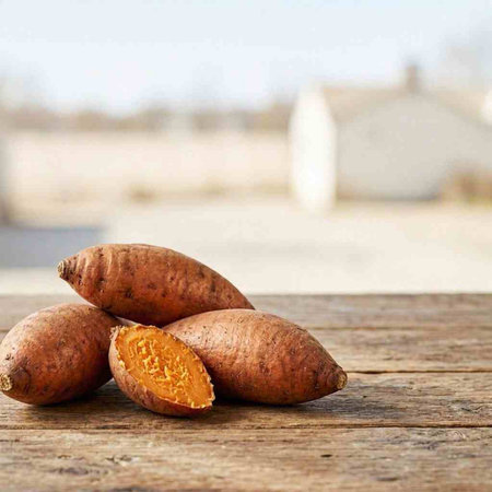 Sweet potato on wooden table with blurred background. Organic sweet potato.