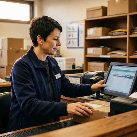 Courier at the counter in a shop using a credit card