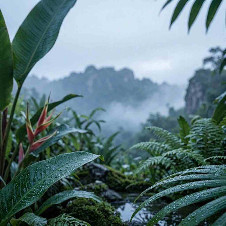 Rain drops on the leaves of tropical plants in the rainforest.