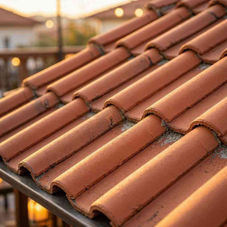 Close-up of red roof tiles on a terrace at sunset