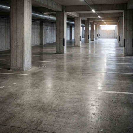 interior of an empty building with concrete walls and a long corridor