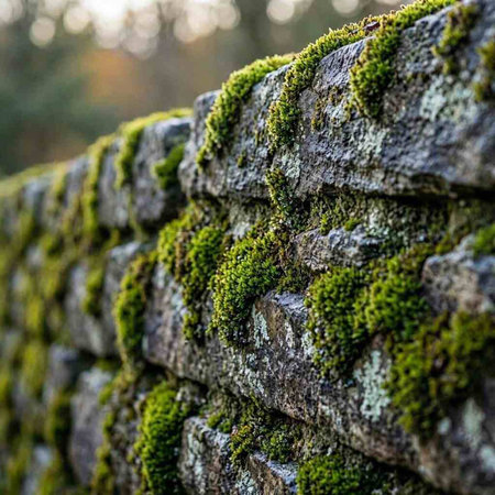 Green moss growing on a stone wall. Selective focus with shallow depth of field.