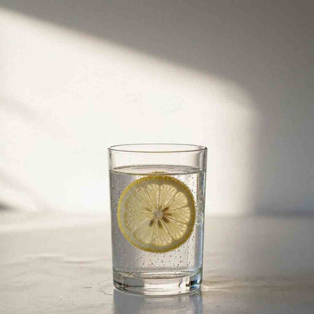 Glass of water with lemon on a white background with a shadow.