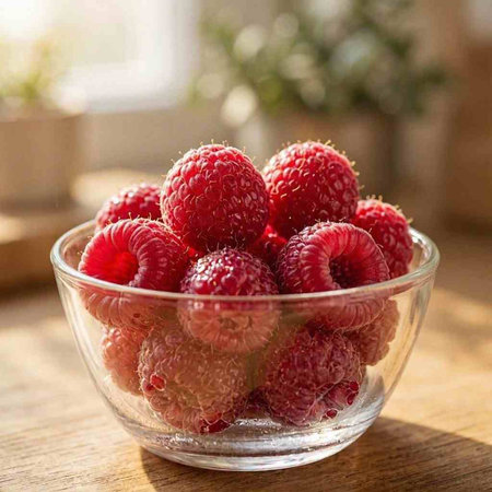 Ripe raspberries in a glass bowl on a wooden table