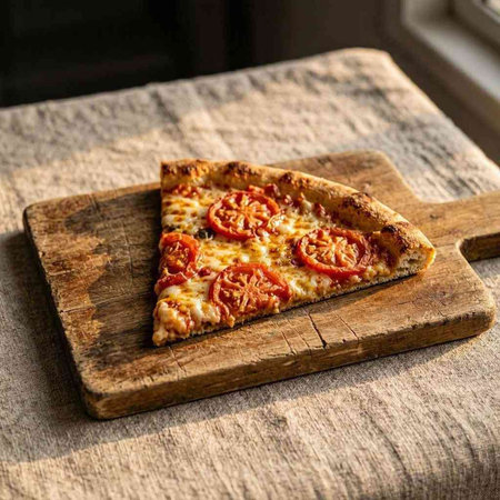 Pizza with mozzarella cheese and tomatoes on a wooden board