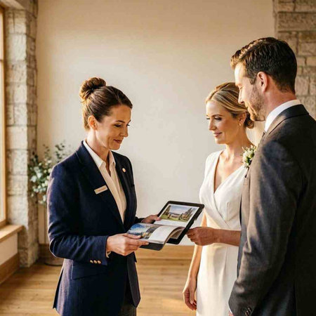 Bride and groom looking at wedding photos on digital tablet in hotel room