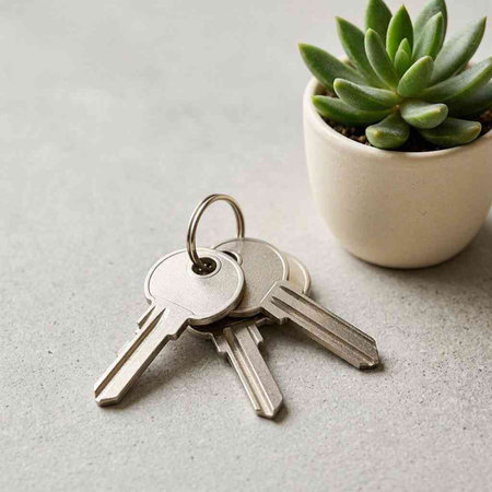 Key with keychain on grey background. Copy space for text.