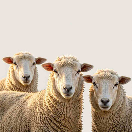 Sheep looking at the camera with their heads out of focus.
