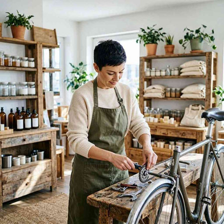 Coffee Shop Owner Carrying Bicycles in the Shop