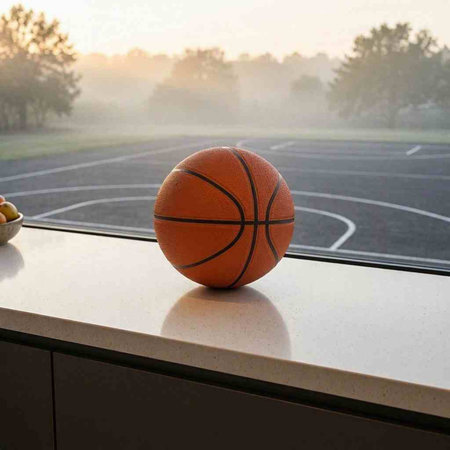 Basketball ball on a court in the morning light. Sport concept