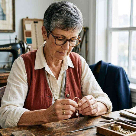 Senior woman working at her desk in her home studio.  She is wearing glasses and apron.